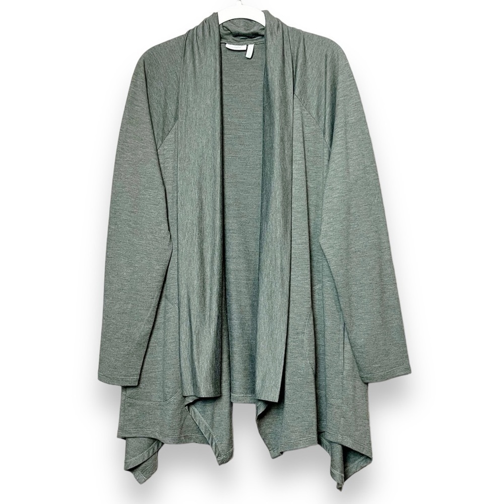 LOGO Lori Goldstein stretch knit cardigan medium open front gray green neutral